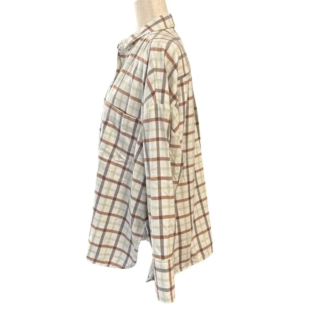 Everlane The Boxy Flannel Top~Size S~Tan Green Plaid Long Sleeve Shirt NWT L3 42 - Picture 3 of 8